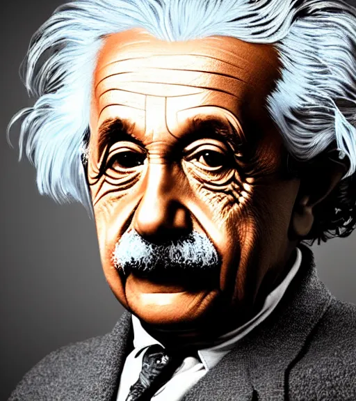 Image similar to high quality colored portrait of albert einstein, professional lighting, high detail, dslr, 8 k