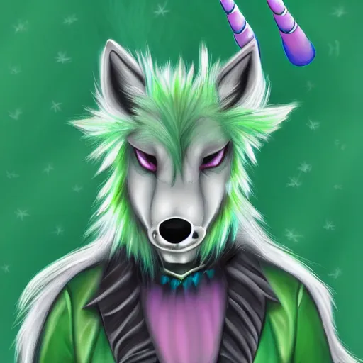 Prompt: Beautiful digital painting of an anthro anthropomorphic pastel-green unicorn-wolf hybrid, Punk outfit.