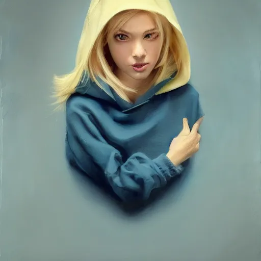 Image similar to greg manchess portrait of a beautiful girl with blonde hair, wearing a blue hoodie, medium shot, white background, asymmetrical, profile picture, organic painting, matte painting, bold shapes, hard edges, street art, trending on artstation, by huang guangjian and gil elvgren and sachin teng and wlop and rossdraws and greg rutkowski