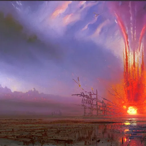 Image similar to A gigantic colossal Atomic explosion in Mumbai, by Bruce Pennington, by Wayne Barlowe, by Greg Rutkowski, oil on canvas, masterpiece, detailed, dynamic, cinematic composition, beautiful lighting, view from ground, trending on artstation, top on pixiv, 8K, no frames,