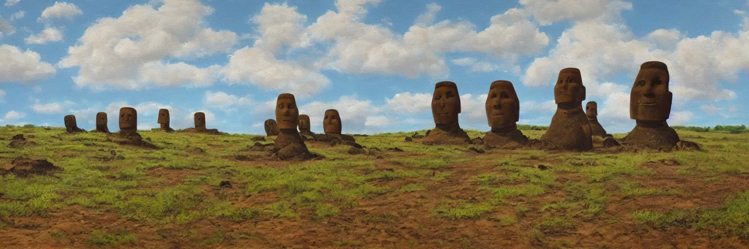 Image similar to an oil painting of hyper realistic landscape of the earth in 1 b years, with some moai statue half burried