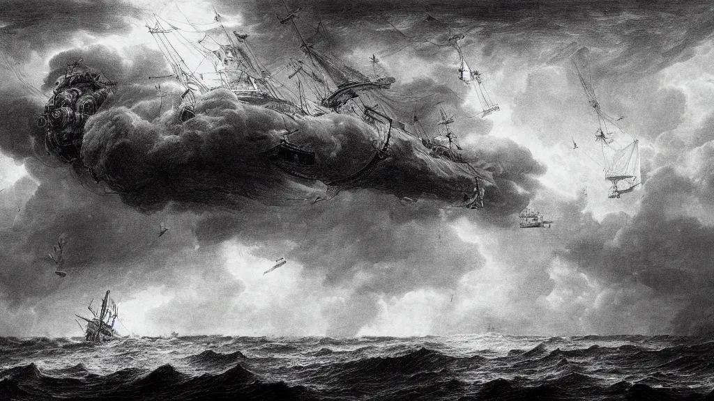 Image similar to drawing of a giant steampunk airship above a stormy ocean, by gustave dore, nineteenth century, black and white, vintage, science fiction, epic composition, dramatic lighting, highly detailed, cinematic