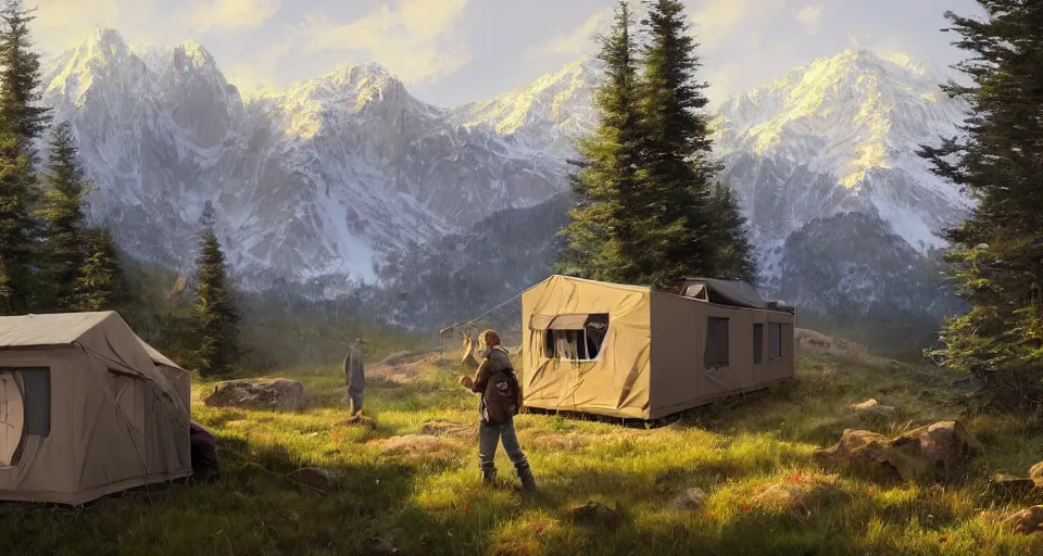 Image similar to cabela's beautiful comfortable self contained modular insulated wall container home kit - house all weather family dwelling tent house, person in foreground, mountainous forested wilderness open fields, beautiful views, painterly concept art, environmental concept art, concept art illustration, by james gurney, by craig mullins, by greg rutkowski trending on artstation