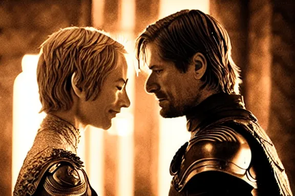 Prompt: very very intricate photorealistic photo of jaime lannister defeating cersei, photo is in focus with detailed atmospheric lighting, award - winning details