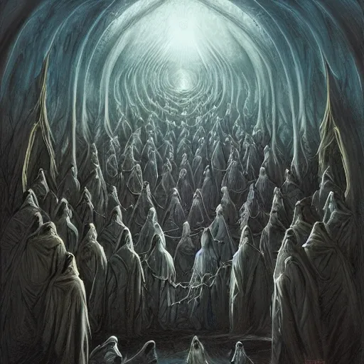 Prompt: a dark cabal of multiple hooded elven mystics in long dark robes gathered in a circular formation around a quantum computer processing the spirits of the dead, dan seagrave art, michael whelan