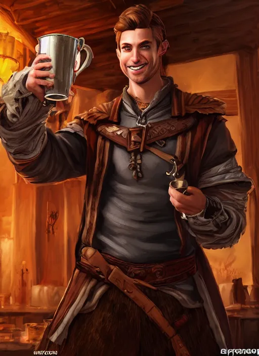 Image similar to An epic fantasy comic book style portrait painting of a handsome young man with brown wavey hair, wearing thief clothing in a tavern and smiling with a wooden tankard in hand, unreal 5, DAZ, hyperrealistic, octane render, cosplay, RPG portrait, dynamic lighting