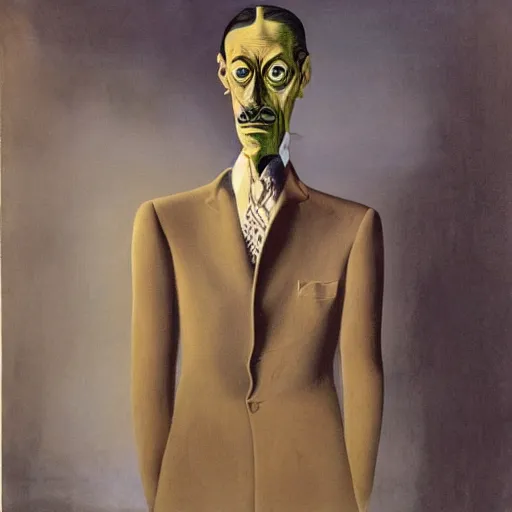 Prompt: A portrait of a humanoid dinosaur wearing a suit, eerie, by Salvador Dali