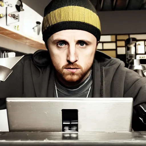 Prompt: Hyperrealistic ultradetailed digital art of Jesse Pinkman working at a coffee shop, realistic, detailed lighting, cinematic, trending on artstation and 500px and behance