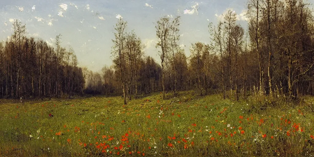 Prompt: summer wild flowers blooming in winter landscape, lush field, forest, river, matte painting, by Isaac Levitan and Vasily Perov