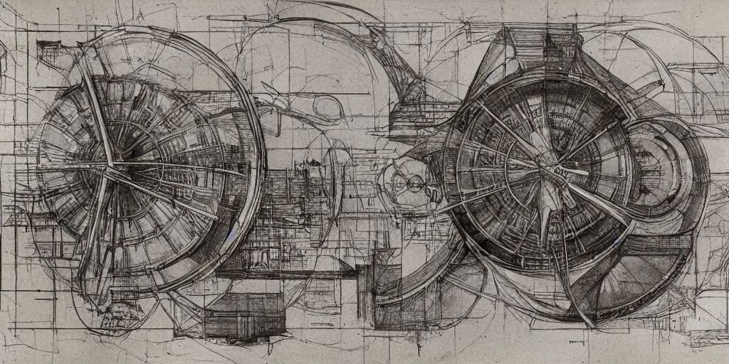 Prompt: leonardo da vinci color intricate full page scan blueprint of an environmental turbine machine, on paper, sketch ink style, :: ultra-detailed technical precision :: mixed media with white and silver lines, realistic composition, point of interest at golden ratio, light from right, more darkness on the bottom, monumentally art composition, high quality of sketching with subtle hairlines, highly detailed rounded forms, inside out and outside in, octane render