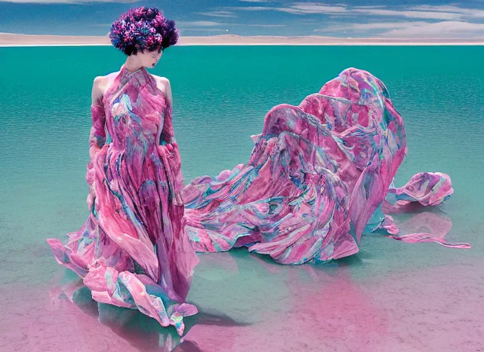 Image similar to lee jin - eun in luxurious flowery dress emerging from pink and turquoise water in salar de uyuni with the ground reflecting the aurora borealis by takato yamamoto, james jean, conrad roset, ruan jia, martine johanna, rule of thirds, elegant look, beautiful, chic, face anatomy, cute complexion