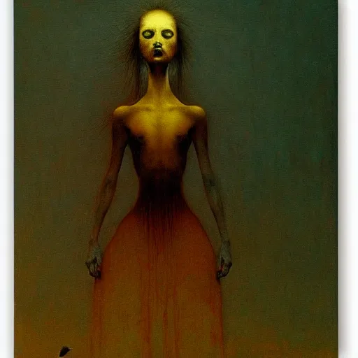 Image similar to bird girl with black wings by Beksinski