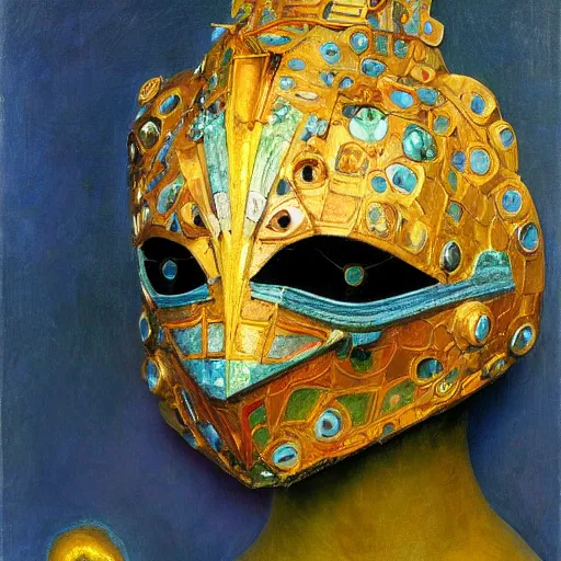 Image similar to the jeweled robot in her bird mask, by Annie Swynnerton and Diego Rivera, symbolist, dramatic lighting, elaborate geometric ornament, Art Deco,god rays, soft cool colors,smooth, sharp focus, extremely detailed, Adolf Wölfli