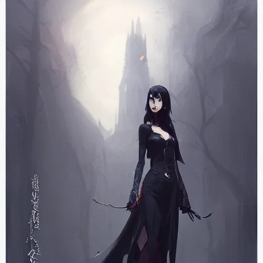 Image similar to female human vampire witch in the style of greg rutkowski, makoto shinkai, trending on artstation, character design, concept art, pretty face, highly detailed, long black hair, portrait, digital art