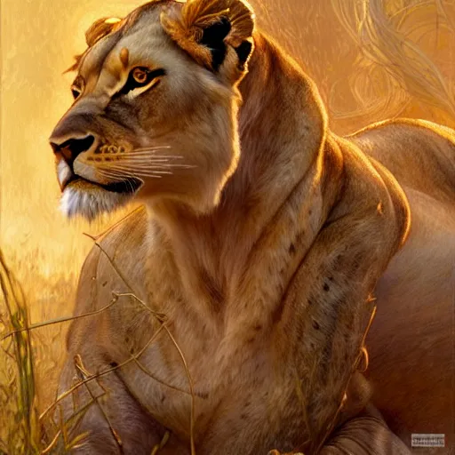 Image similar to highly detailed portrait of a majestic lioness queen in the form of a beautiful woman. d & d, art by donato giancola and ruan jia and carl larsson and magali villeneuve. trending on artstation, intricate details, energetic composition, golden ratio, concept art, illustration, elegant art