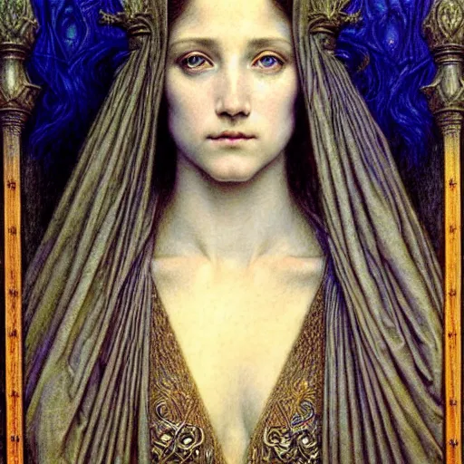 Image similar to detailed realistic beautiful young medieval queen face portrait by jean delville, gustave dore and marco mazzoni, art nouveau, symbolist, visionary, gothic, pre - raphaelite. horizontal symmetry