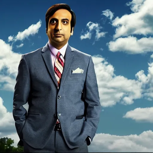 Prompt: Raj Koothrappali as Saul Goodman, promo poster, clouds in the background