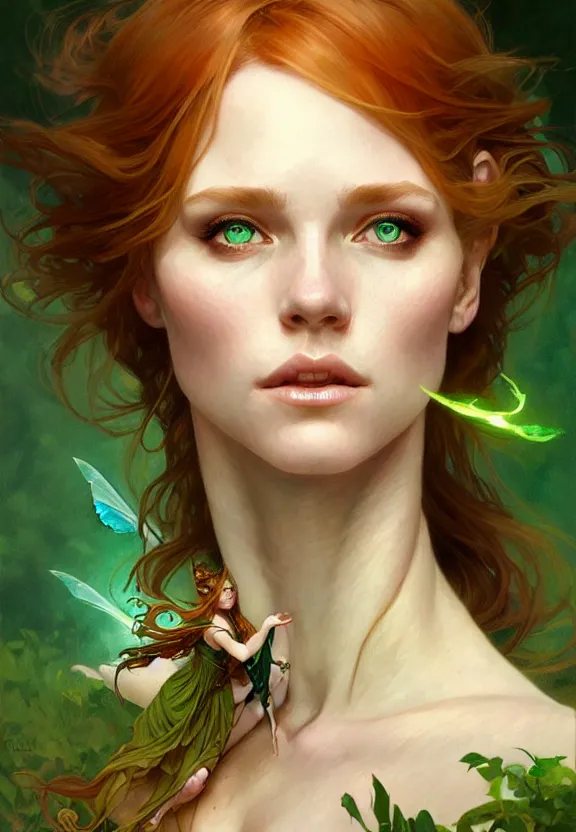 Image similar to portrait of fairy woman, d & d, green eyes, ginger hair, face, fantasy, intricate, elegant, highly detailed, digital painting, artstation, concept art, smooth, sharp focus, illustration, art by artgerm and greg rutkowski and alphonse mucha