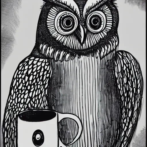 Prompt: black and white comic of a line drawn humanoid owl holding a mug