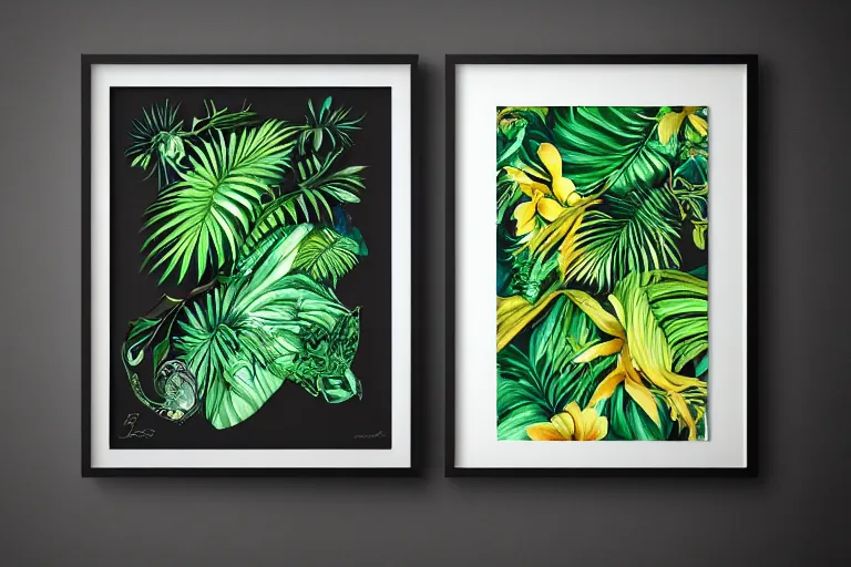 Image similar to photorealistic print of exotic, elegant tropical prints : : black background, green surreal plants, golden flowers, art nouveau, trending on artstation