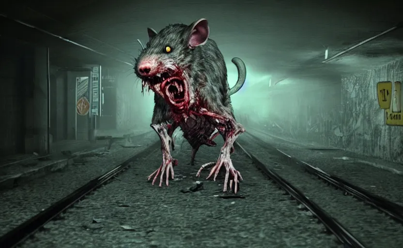 Prompt: very large giant mutant zombie rat with cancer in tonnel of metro. extreme high detail. low dark light, scary atmosphere.