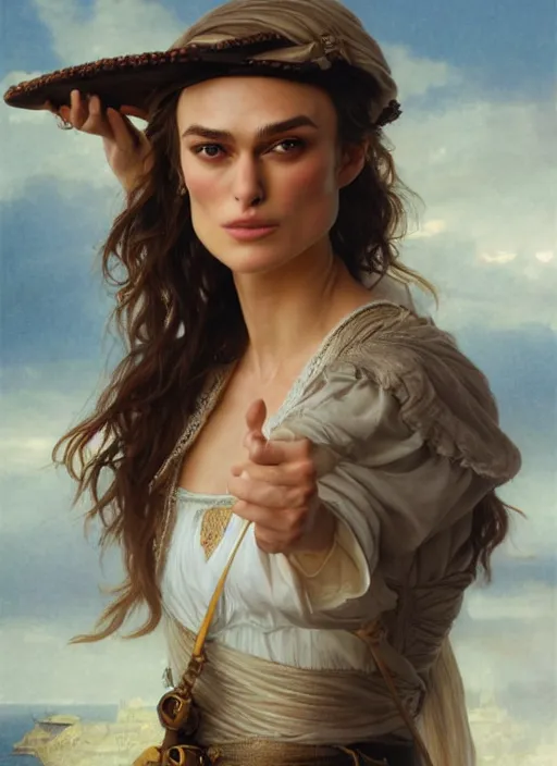 Image similar to portrait Keira Knightley as sea pirate on a ship, full length shot, shining, 8k highly detailed, sharp focus, illustration, art by artgerm, mucha, bouguereau