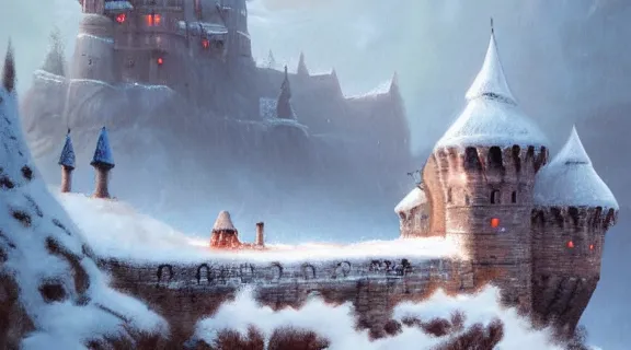 Image similar to a painting of a castle in the middle of a snowy mountain, a detailed matte painting by andreas rocha and greg rutkowski, featured on artstation, fantasy art, matte drawing, matte painting, artstation hq