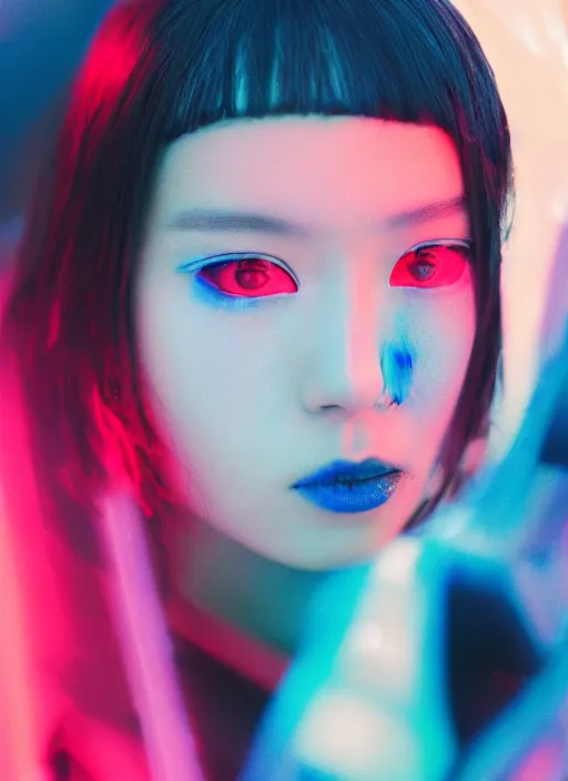 Image similar to a close-up risograph long shot of cyberpunk japanese glossy model girl with black eyes and pretty face wearing lots of transparent cellophane clothes and accessories, blue hour, twilight, cool, portrait, Kodachrome, ISO1200,