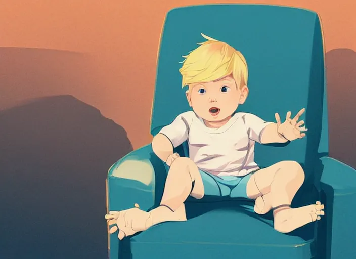 Prompt: a baby with blonde hair sitting in an armchair. clean cel shaded vector art. shutterstock. behance hd by lois van baarle, artgerm, helen huang, by makoto shinkai and ilya kuvshinov, rossdraws, illustration, art by ilya kuvshinov