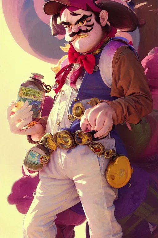 Image similar to portrait of Wario from WarioWare, dreamy and ethereal, overalls, chaotic, elegant, highly detailed, digital painting, artstation, concept art, smooth, sharp focus, illustration, art by artgerm and greg rutkowski and alphonse mucha