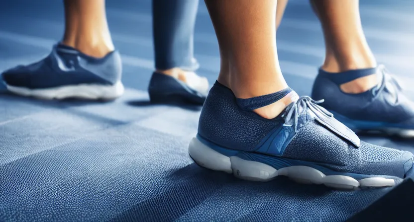 Image similar to close up on worn out running shoes running on a treadmill. cinematic lighting. dark. moody. octane render. blue grey tones.