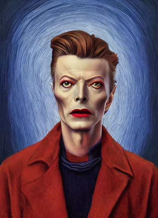 Prompt: twin peaks poster art, portrait of david bowie contemplating lois duffy, who said'i'm like the blue rose'before dying and disappearing, by michael whelan, rossetti bouguereau, artgerm, retro, nostalgic, old fashioned