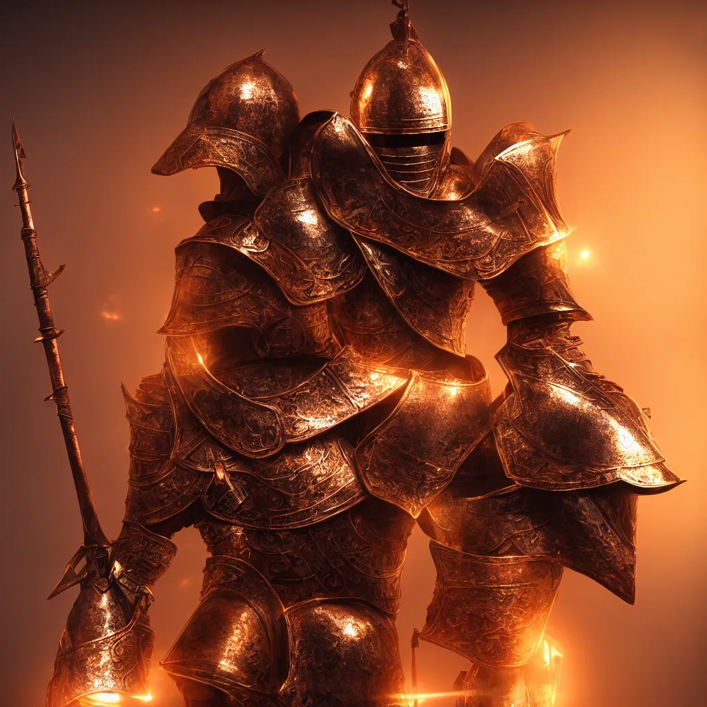 Image similar to of a 3 d rendering realistic illustration of a knight character that has a helmet that is made of copper and gold, beautiful sculpted details, cinematic lighting, this knight is a war lord who roamed the fields in many battles, there is a faint red aura to him displaying a lot of power, volumetric lighting