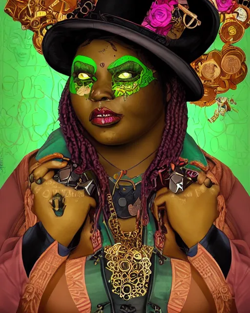 Prompt: a detailed portrait illustration of a steampunk necromancer - gambler. beautiful obese black female face, very dark skin. gorgeous green eyes. voodoo aesthetic. art nouveau, pop art, comic book style. influenced by neil gaiman, dan mumford, brian froud, kehinde wiley, killian eng, ross tran.