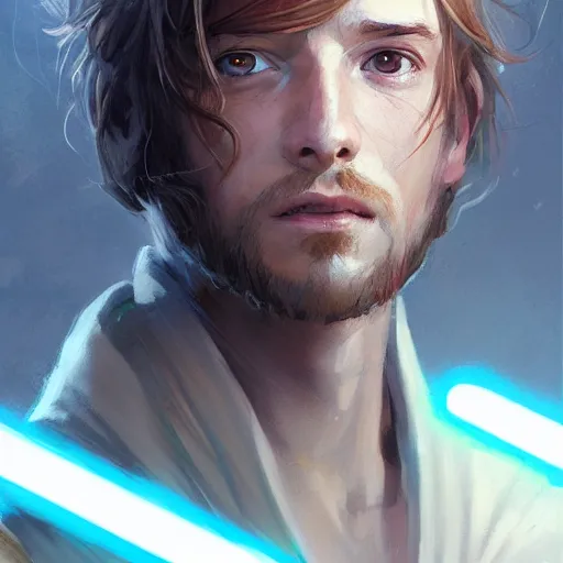 Prompt: portrait of a man by greg rutkowski, jedi knight owen skywalker, messy copper hair, jedi robes, star wars expanded universe, he is about 2 0 years old, wearing jedi robes, highly detailed portrait, digital painting, artstation, concept art, smooth, sharp foccus ilustration, artstation hq