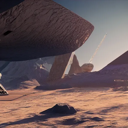 Image similar to futuristic cruise rocket landing on a platform on an asteroid, Unreal Engine 5 render, perfectly detailed