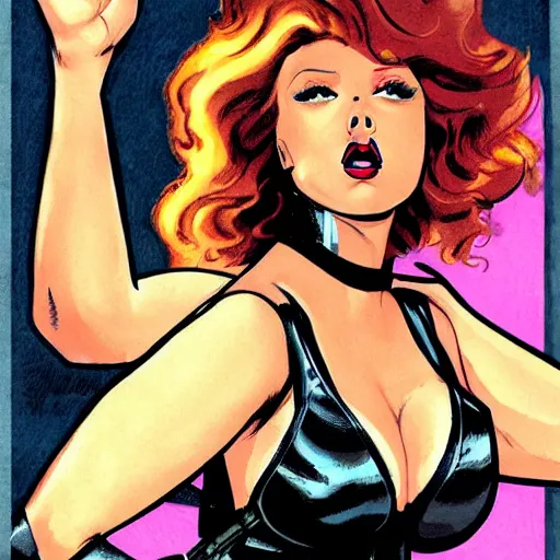 Image similar to black widow pinup, art by michael miller