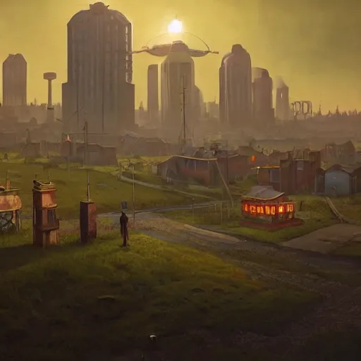 Image similar to some Steampunk buildings with the sun shining through the clouds in utopia by Simon Stålenhag and Greg Rutkowski,In style of Grant Wood.hyper detailed,8K Resolution,unreal engine 5,epic lighting,Ray Tracing,highly realistic