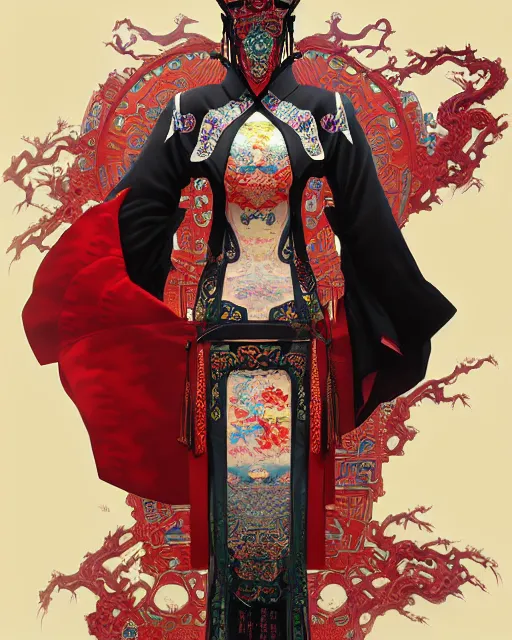 Image similar to portrait of a chinese cyberpunk machine, machine face, robed, upper half portrait, decorated with chinese opera motifs, regal, asian, fine china, wuxia, traditional chinese art intricate intense elegant 京 剧 highly detailed digital painting artstation concept art smooth sharp focus illustration, art by artgerm and greg rutkowski alphonse mucha 8 k