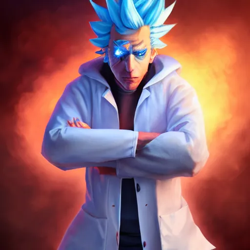 Image similar to Rick Sanchez, perfect eyes, spikey blue hair, white lab coat, full body shot, butcher, fantasy, beautiful face, medieval, vivid colors, elegant, concept art, sharp focus, digital art, Hyper-realistic, 4K, Unreal Engine, Highly Detailed, HD, Dramatic Lighting by Brom, trending on Artstation