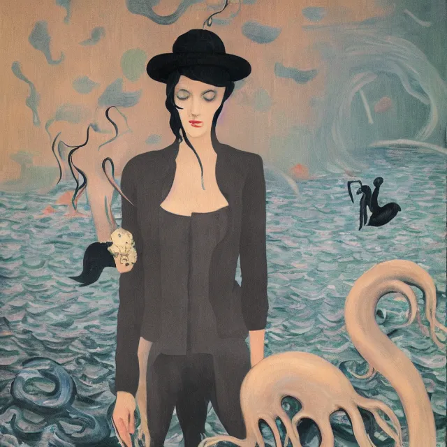 Image similar to tall female emo artist holding an octopus in a flooded cafe, octopus, water gushing from ceiling, painting of flood waters inside a cafe, a river flooding indoors, pomegranates, pigs, ikebana, water, octopus, river, rapids, waterfall, black swans, canoe, berries, acrylic on canvas, surrealist, by magritte and monet