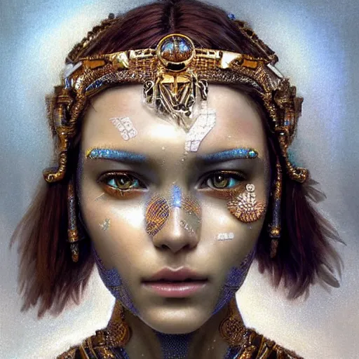 Image similar to a robotic goddess, jewelry skin, highly detailed, digital painting, smooth, sharp, beautiful face, expressive eyes, highly intricate, art by greg rutkowski and alex gray