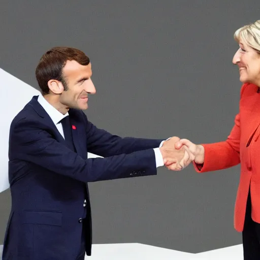 Prompt: emmanuel macron and marine lepen shaking hands