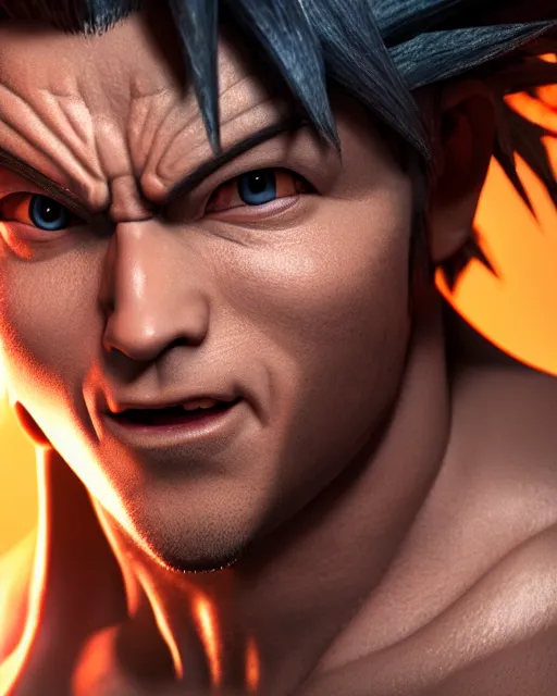 Image similar to 3 d high octane render, 8 k cgi, unreal engine, photorealistic goku, portrait, dynamic lighting, photorealistic, unreal engine, octane, ultra detailed, detailed faces, hd quality