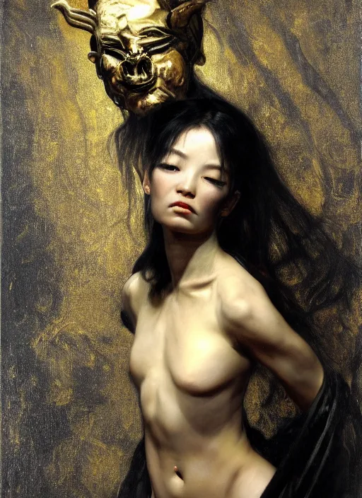 Image similar to highly detailed oil painting | very intricate | cinematic lighting | black, white and gold color scheme, dark background | asian demon | by roberto ferri, by gustav moreau, by singer sargent and klimt, american romanticism, occult art | by austin osman spare, artstation, cgsociety, official art, octane