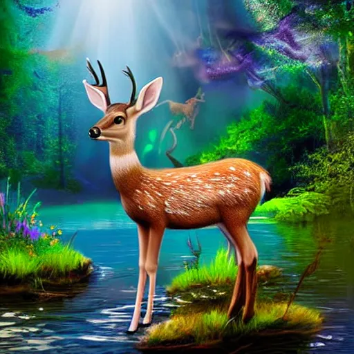 Prompt: fantasy photography wide angle waterside deer fairy ultrarealistic 1 5 0 mpx