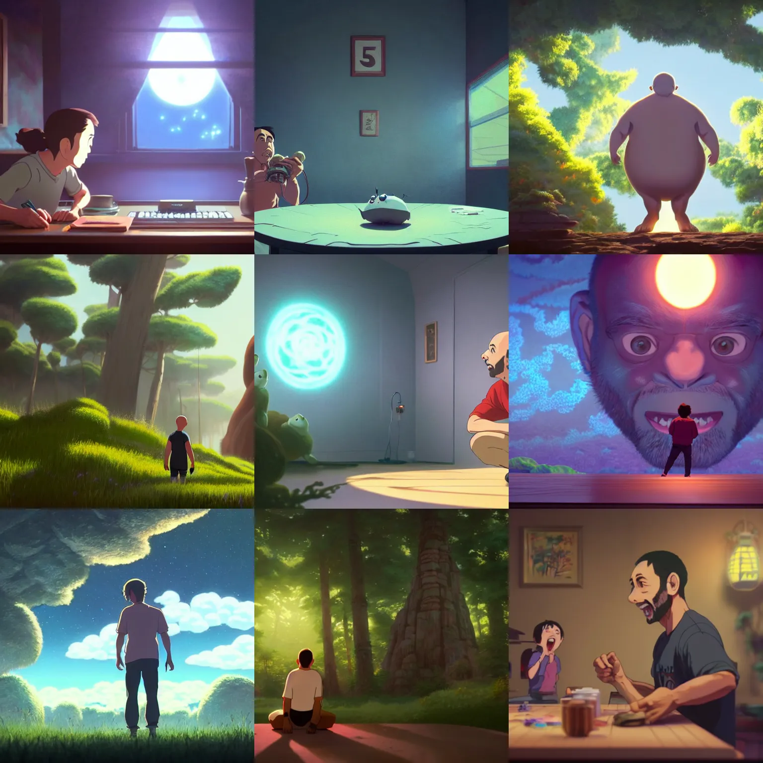 Prompt: a wholesome animation key shot of joe rogan hallucinating on dmt, medium shot, studio ghibli, pixar and disney animation, sharp, rendered in unreal engine 5, anime key art by greg rutkowski, bloom, dramatic lighting