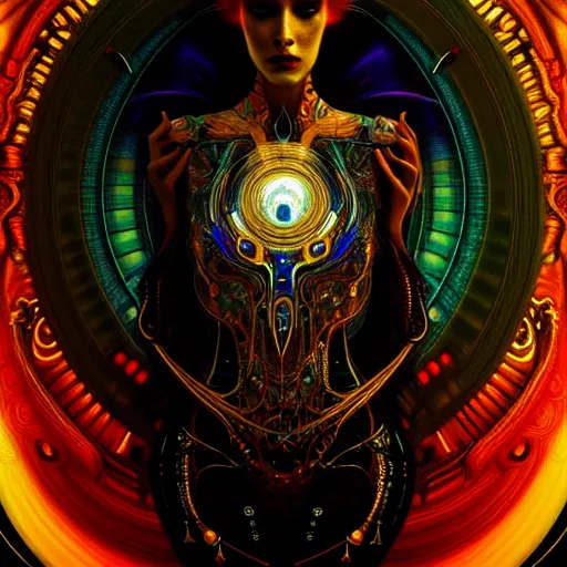 Image similar to extremely psychedelic beautiful cyborg god infected by night. intricate, elegant, highly detailed, extremely lifelike photorealistic digital painting, artstation. steichen, gaston bussiere, tom bagshaw, cyberpunk alphonse mucha. elegant minimalism. anatomically correct. sharp focus. black and gold. surreal lush cosmic hallucination