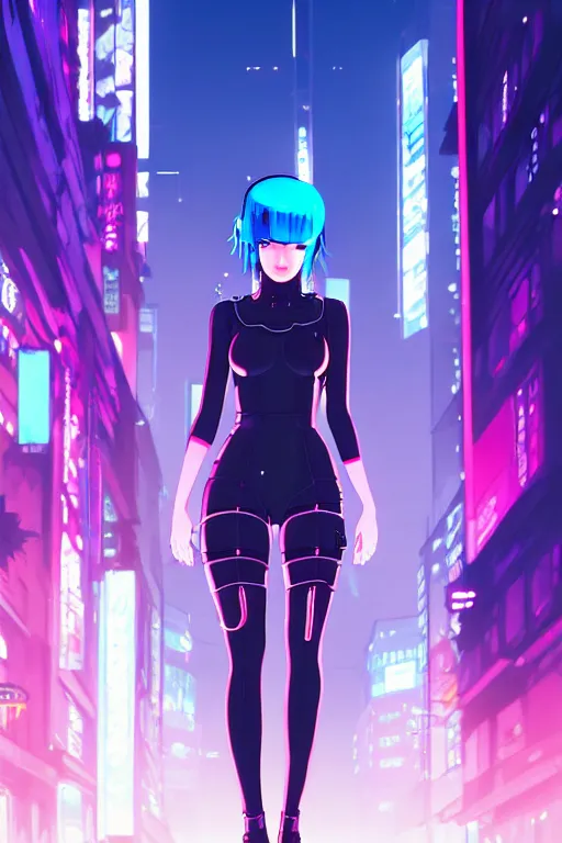 Image similar to digital illustration of cyberpunk pretty girl with blue hair, wearing a black dominatrix outfit, in city street at night, by makoto shinkai, ilya kuvshinov, lois van baarle, rossdraws, basquiat