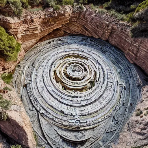 Image similar to a gigantic paleolothic torus made of stone with highly detailed carvings of intricate shamanic robotic electronics and circuitry, in a mediterranean lanscape, inside a valley overlooking the sea, in the style of michael karcz